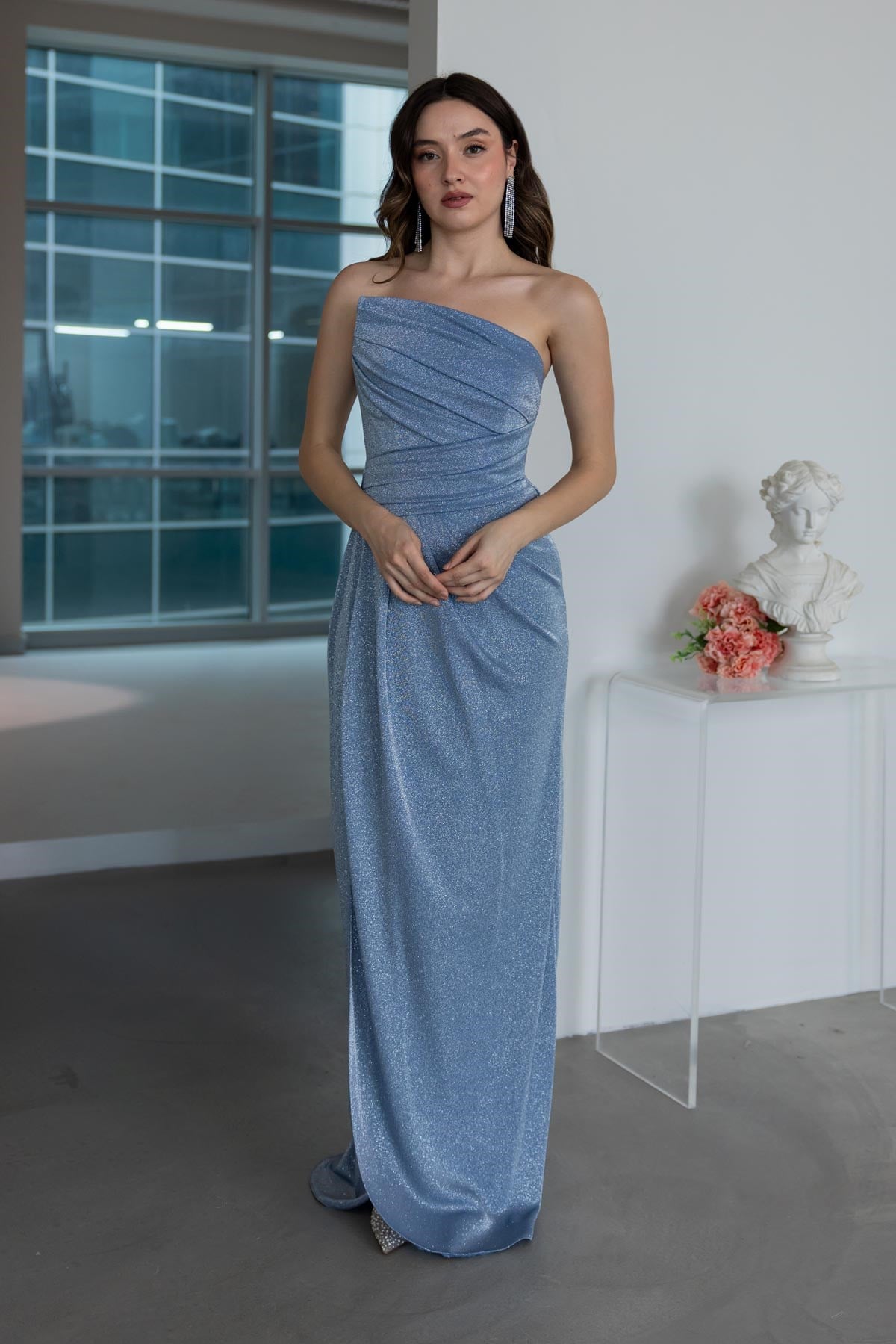 Volanlı Simli Abiye - BEBE MAVİSİ